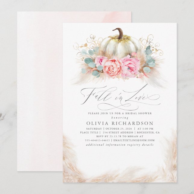Fall in Love Bridal Shower  Pink Flowers Pumpkin Einladung (Vorne/Hinten)