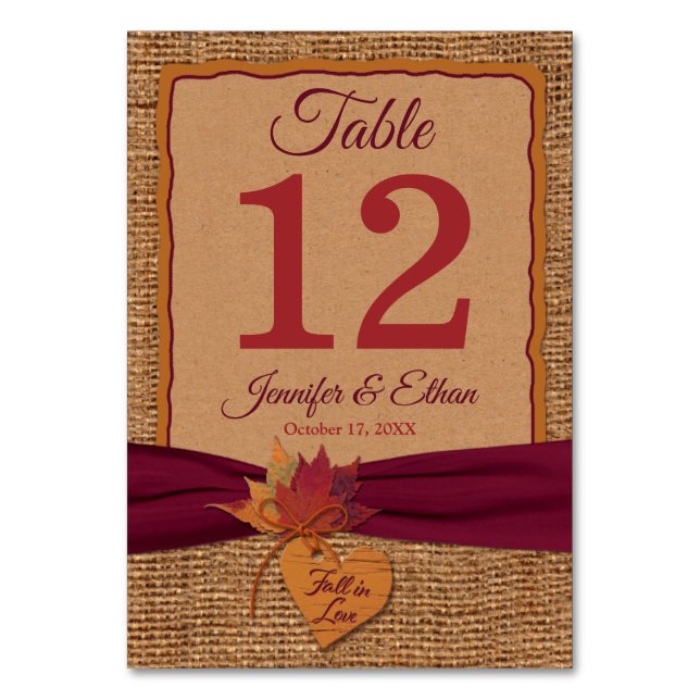 Fall in Love Burlap, carte de numéro de table Feui (Par défaut)