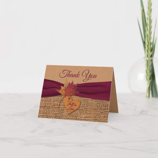 Fall in Love Burlap, Carte de remerciements Mariag (Devant)