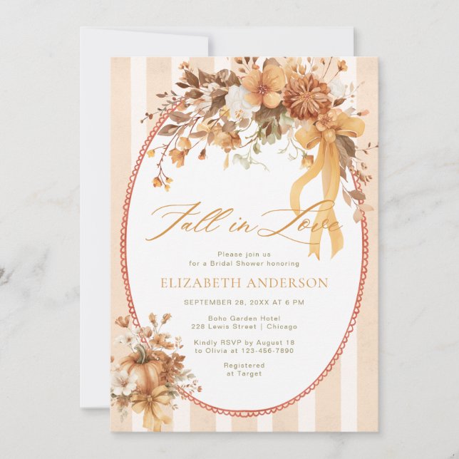 Fall in Love Floral Bow Bridal Shower Invitation Einladung (Vorderseite)