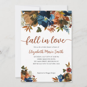Fall in Love Floral Navy Blau Braune Hochzeitsdusc Einladung