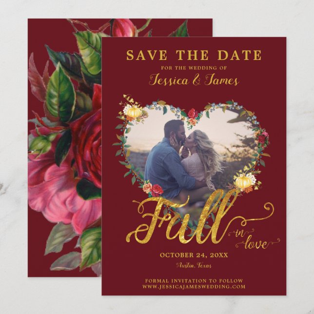 Fall in Love Gold Burgundy Floral Save the Date Einladung (Vorne/Hinten)