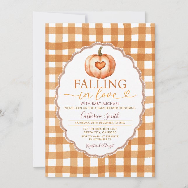 Fall in love Heart Pumpkin Baby shower Gingham Einladung (Vorderseite)