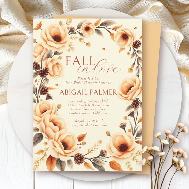 Fall in love peach floral border bridal shower einladung (Von Creator hochgeladen)