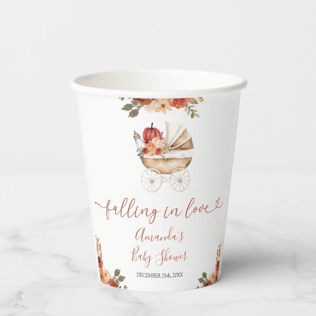 Fall In Love Pumpkin Stroller Floral Baby Shower Pappbecher (Rückseite)