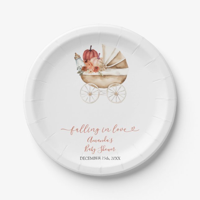 Fall In Love Pumpkin Stroller Floral Baby Shower Pappteller (Vorderseite)