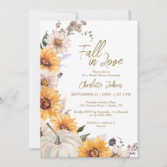 Fall In Love Sunflowers Pumpkin Boho Bridal Shower Einladung (Vorderseite)