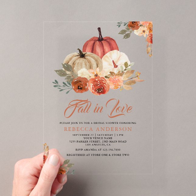 Fall in Love Terracotta Rust Pumpkin Bridal Shower Acryleinladungen (Insitu (Handheld))