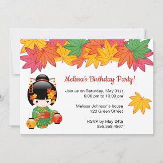 Fall Kokeshi Doll - Geisha Girl Birthday Party Einladung