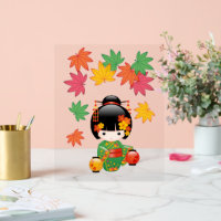 Fall Kokeshi Doll - Green Kimono Geisha Girl