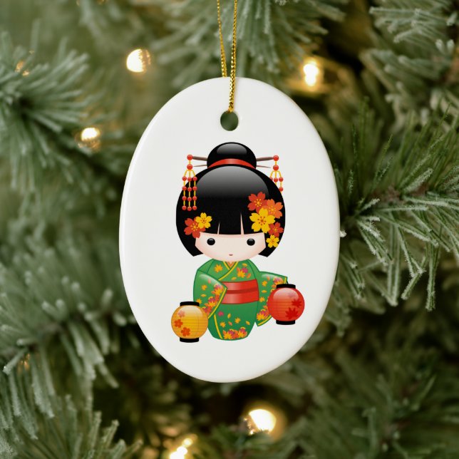 Fall Kokeshi Doll - Green Kimono Geisha Girl Keramik Ornament (Baum)
