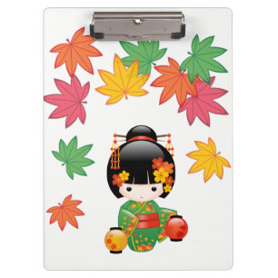 Fall Kokeshi Doll - Green Kimono Geisha Girl Klemmbrett