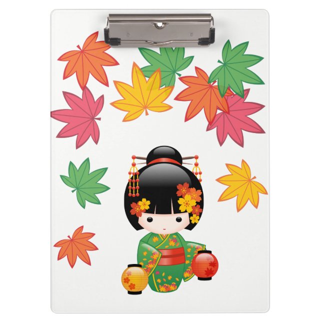 Fall Kokeshi Doll - Green Kimono Geisha Girl Klemmbrett (Vorderseite)