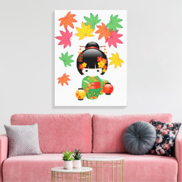 Fall Kokeshi Doll - Green Kimono Geisha Girl Leinwanddruck