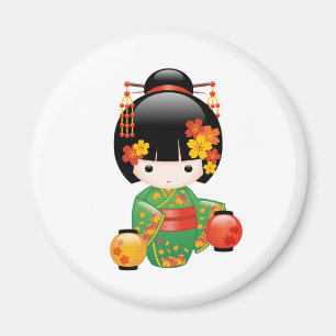 Fall Kokeshi Doll - Green Kimono Geisha Girl Magnet