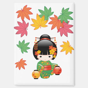 Fall Kokeshi Doll Green Kimono Geisha Girl Magnet
