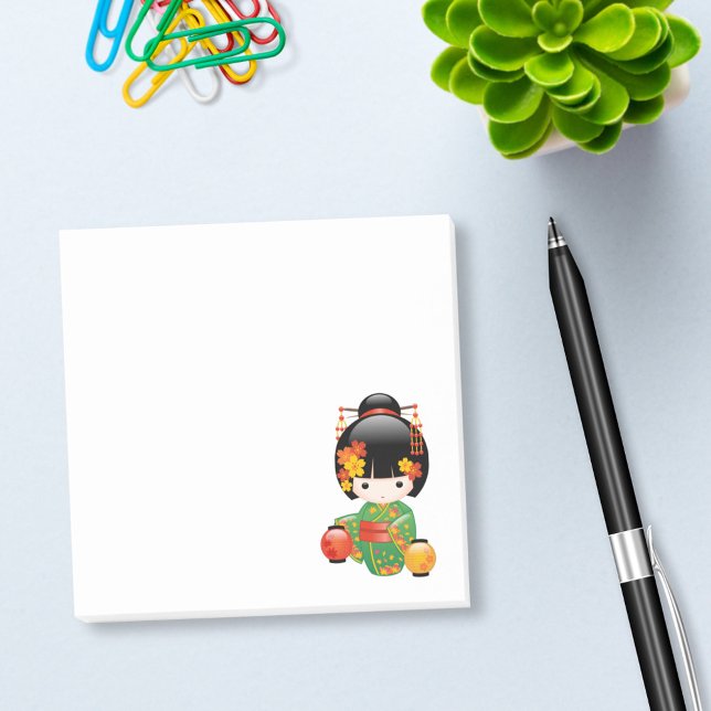 Fall Kokeshi Doll - Green Kimono Geisha Girl Post-it Klebezettel (Von Creator hochgeladen)