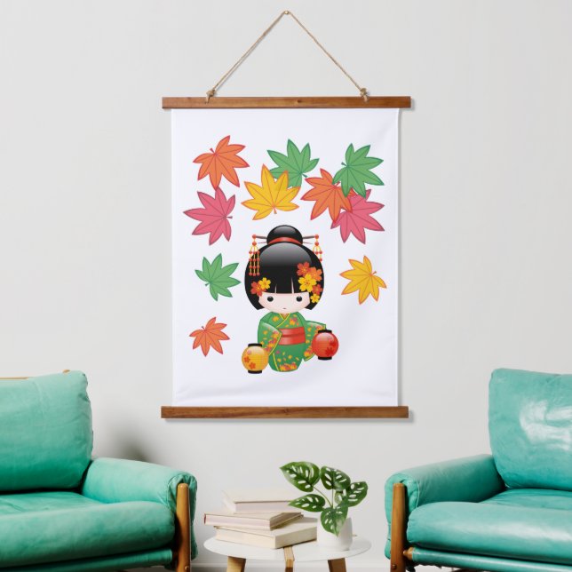 Fall Kokeshi Doll - Green Kimono Geisha Girl Wandteppich Mit Holzrahmen (Wohnzimmer)