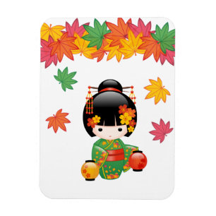 Fall Kokeshi Puppe - grünes Kimono-Geisha-Mädche Magnet