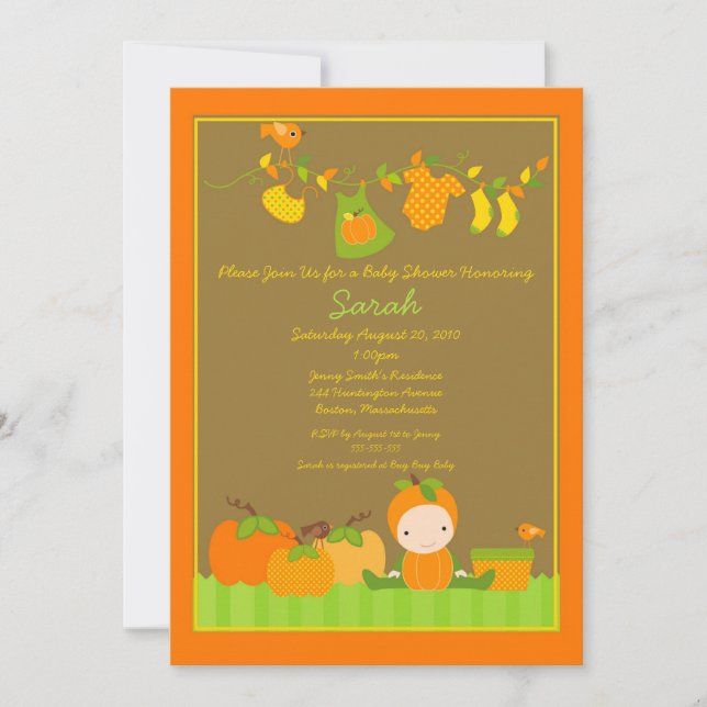 Fall-Kürbis-Mädchen-Wäscheleine-Babyparty laden Einladung (Vorderseite)
