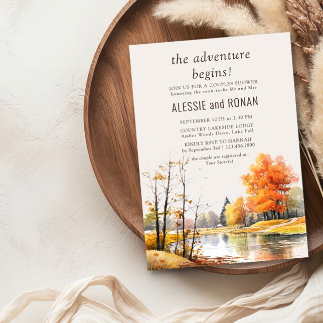 Fall Lake Adventure Begins Paare Dusche Einladung (Fall Lake Couple Shower Invite by Darling & May - buy digital download or order professional prints.)
