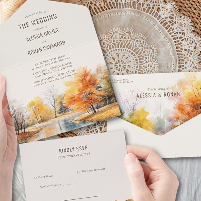 Fall Lake Water Country Hochzeit alles in einem All In One Einladung (All in One Invitation with RSVP from the Fall Lake Wedding Collection by Darling & May )