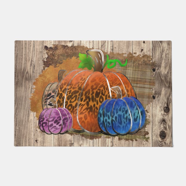 Fall Leopard Print Autumn Pumpkins On Plaid Fußmatte (Vorderseite)