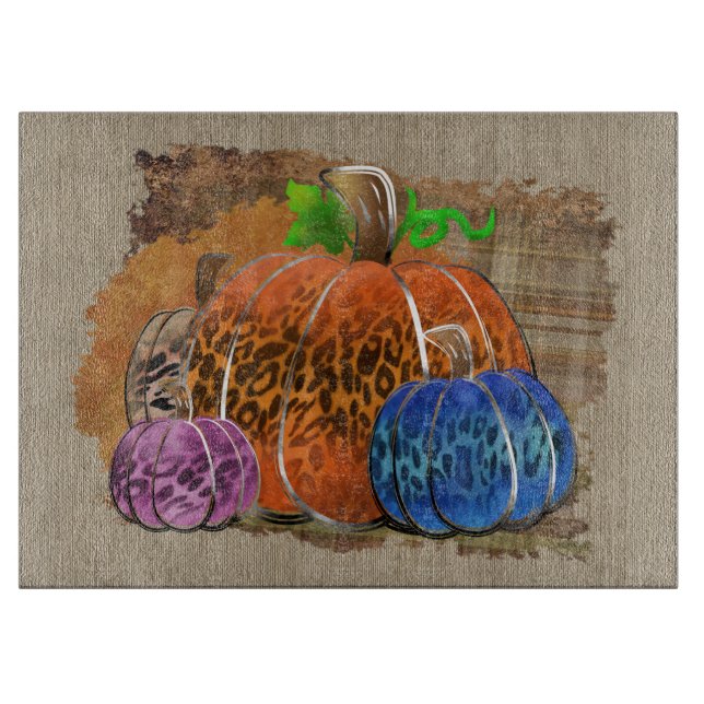 Fall Leopard Print Autumn Pumpkins On Plaid Schneidebrett (Vorderseite)