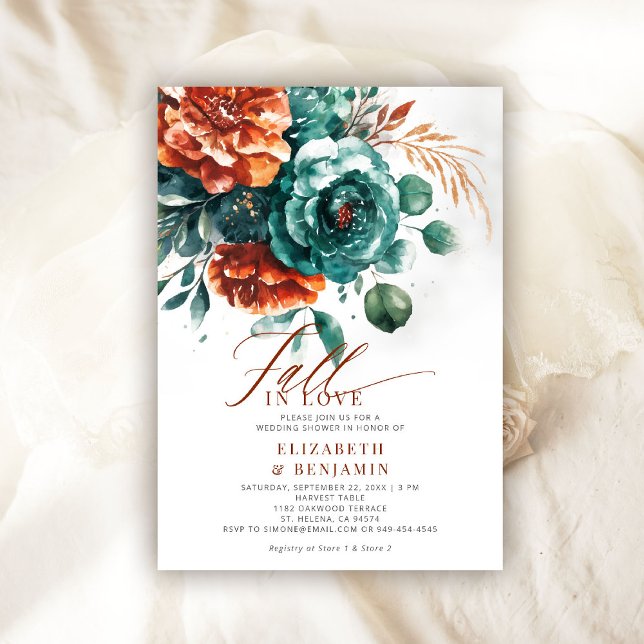 Fall Liebe Aquamarin Burnt Orange Hochzeitssemble  Einladung (fall in love wedding shower invitation teal burnt orange terracotta watercolor calligraphy rustic)