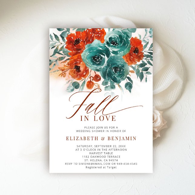 Fall Liebe Aquamarin Orange Blooms Hochzeitsstipen Einladung (fall in love wedding shower invitation teal burnt orange terracotta watercolor calligraphy romantic)