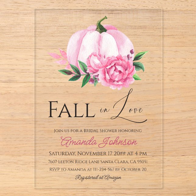 Fall Liebe Rosa Kürbis Rustikales Brautparty Acryleinladungen (Vorderseite)