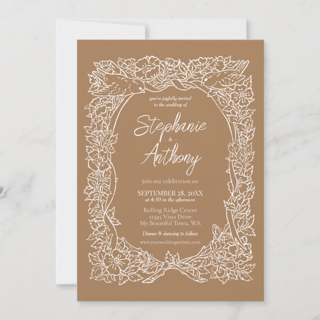 Fall Light Brown Rose & Love Bird Border Wedding Einladung (Vorderseite)