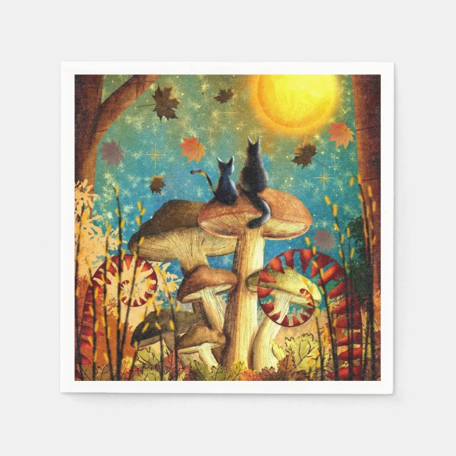 Fall Lovers Cats Forest Mushrooms Stars Night Sky  Serviette (Vorderseite)