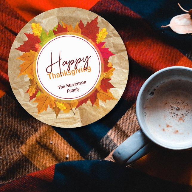 Fall Maple Blätter auf Papier Textur Erntedank Runder Pappuntersetzer (Von Creator hochgeladen)