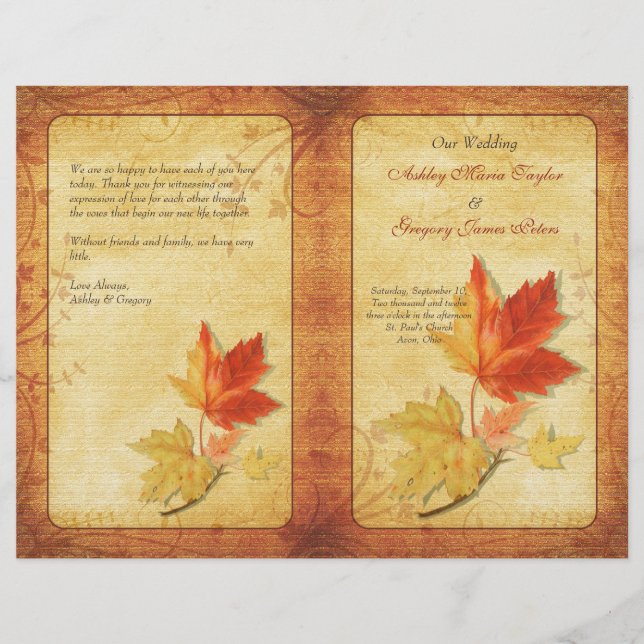 Fall Maple Blätter Hochzeitsprogramm (Vorderseite)