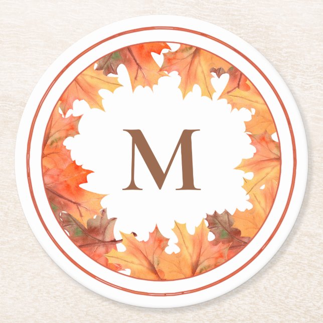 Fall Maple-Blätter Monogramm Runder Pappuntersetzer (Vorderseite)