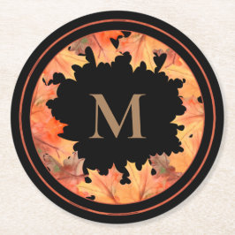 Fall Maple Blätter Monogramm Schwarz Runder Pappuntersetzer