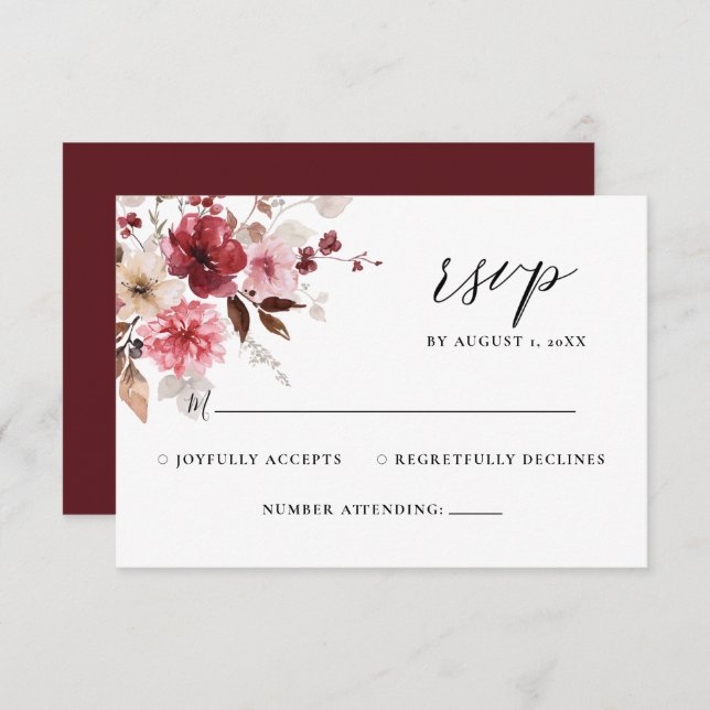 Fall Maroon Blush Rustic Floral Wedding RSVP (Vorne/Hinten)