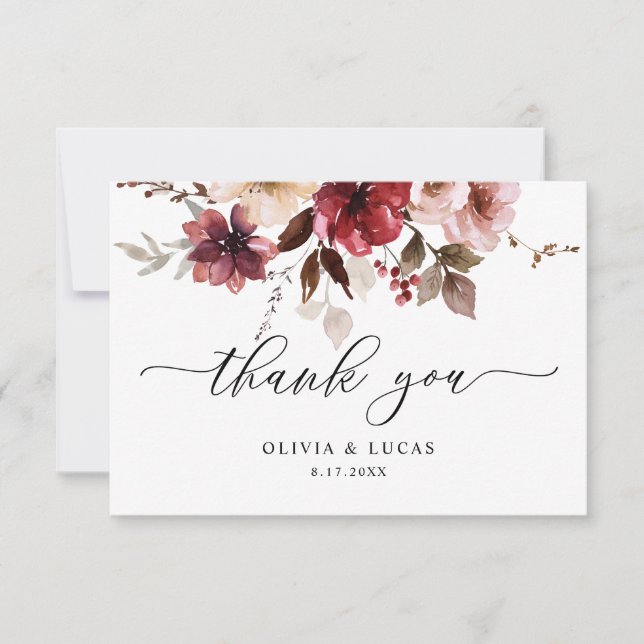 Fall Maroon Floral Dusty Pink Burgundy Wedding Dankeskarte (Vorderseite)