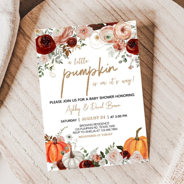 Fall Marsala Burgundy Floral Pumpkin Baby Dusche Einladung (Fall Floral Pumpkin Baby Shower Invitation)
