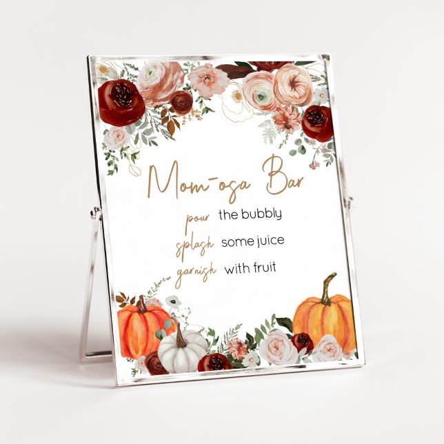 Fall Marsala Burgundy Floral Pumpkin Mama Osa Bar Poster (Fall Floral Pumpkin Baby Shower Mom Osa Bar Sign)