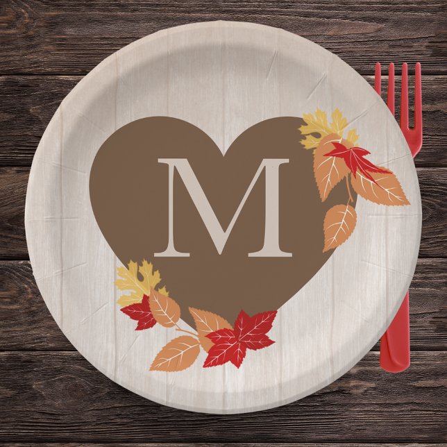 Fall Monogram Brautparty oder Hochzeit Pappteller (Fall Leaves Monogram Heart Paper Plates for Fall in Love Bridal Shower or Fall Wedding)