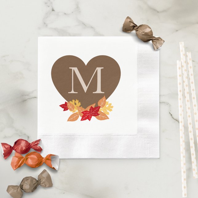 Fall Monogram Brautparty oder Hochzeit Serviette (Fall Leaves Monogram Heart Paper Napkins for Fall in Love Bridal Shower or Fall Wedding)