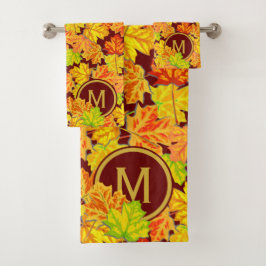 Fall-Monogramm-Ahorn verlässt Herbst-Laub-Muster Badhandtuch Set