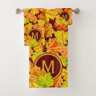 Fall-Monogramm-Ahorn verlässt Herbst-Laub-Muster Badhandtuch Set