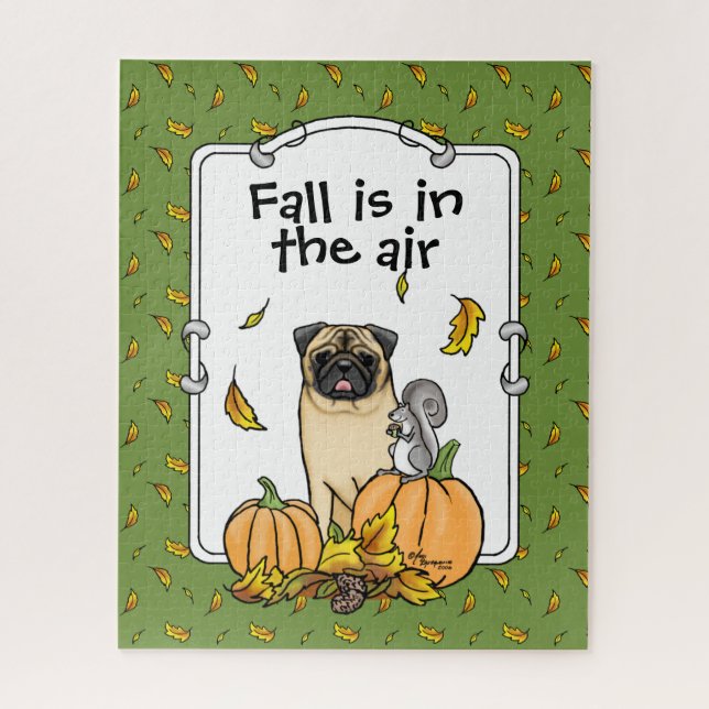 Fall Mops Hund (fawn) Pumpkins Blätter Niedlich (Vertikal)