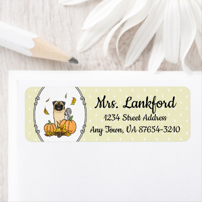 Fall Mops Hund (fawn) Pumpkins Blätter Niedlich (Insitu)