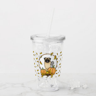 Fall Mops Hund (fawn) Pumpkins Blätter Niedlich Acryltrinkbecher