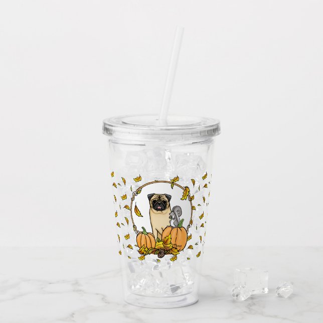 Fall Mops Hund (fawn) Pumpkins Blätter Niedlich Acryltrinkbecher (Rückseite Ice)