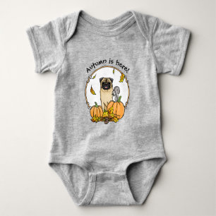 Fall Mops Hund (fawn) Pumpkins Blätter Niedlich Baby Strampler